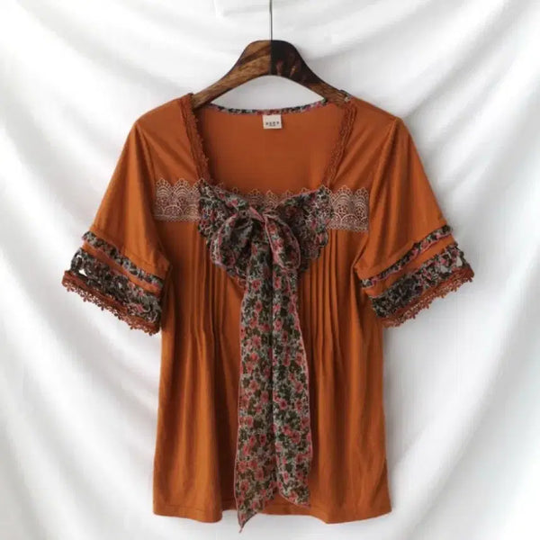 [BUNJANG] Ribbon Flower T-Shirt Blouse / 엑시즈팜 리본 플라워 티셔츠 블라우스 로걀탑 모리걸 히피