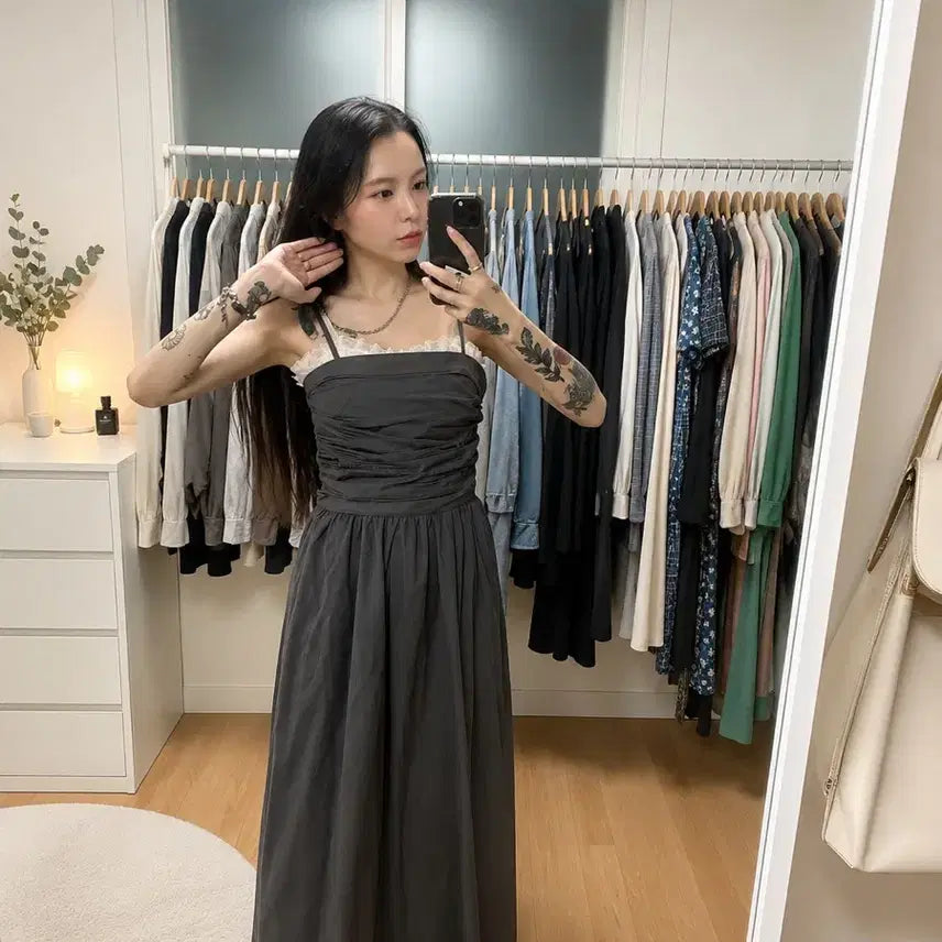 [BUNJANG] Shirring Long Basic Strap Dress / 새상품) 셔링 롱 베이직 끈 원피스 F