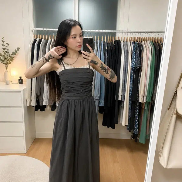 [BUNJANG] Shirring Long Basic Strap Dress / 새상품) 셔링 롱 베이직 끈 원피스 F