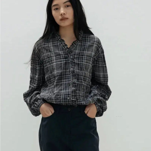 [BUNJANG] Necessary Check Frill Blouse (Charcoal) / 네세서리 Check Frill Blouse (charcoal)