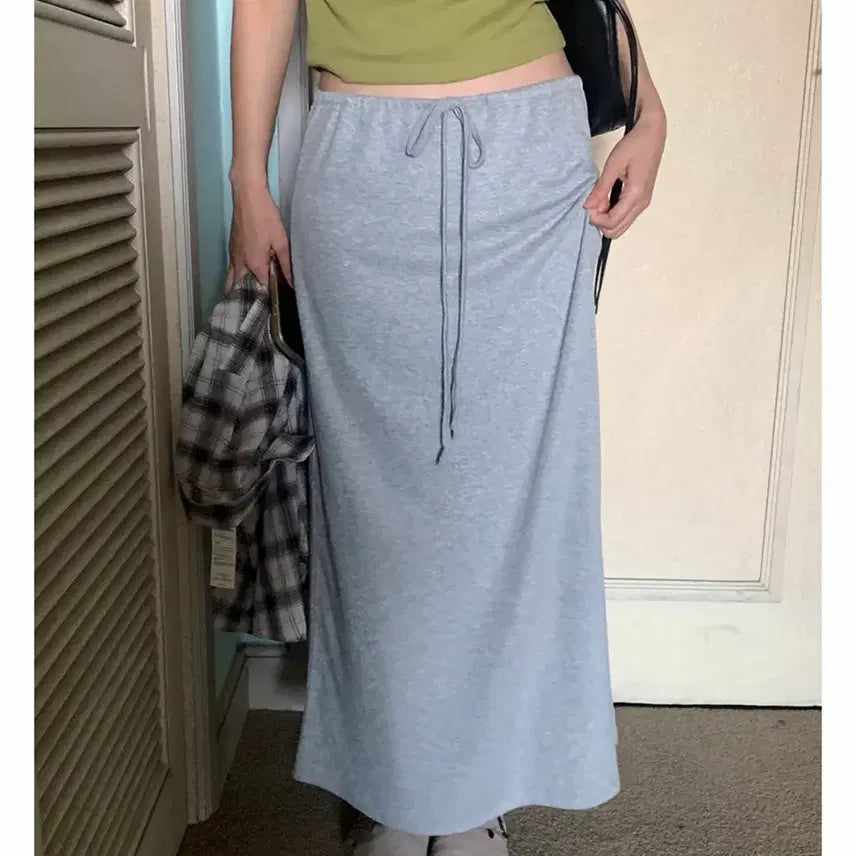 [BUNJANG] Adobe Banding String Silky Spandex Long Skirt / 어도브 밴딩 스트링 찰랑 스판 롱 스커트 (꾸안꾸/날씬핏/여름치마/쿨스판)