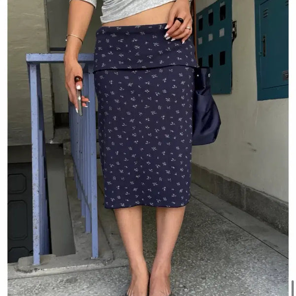[BUNJANG] Navy Blue Vintage Flower Pattern Folding Midi Skirt / 네이비 남색 빈티지 플라워 패턴 폴딩 미디 스커트