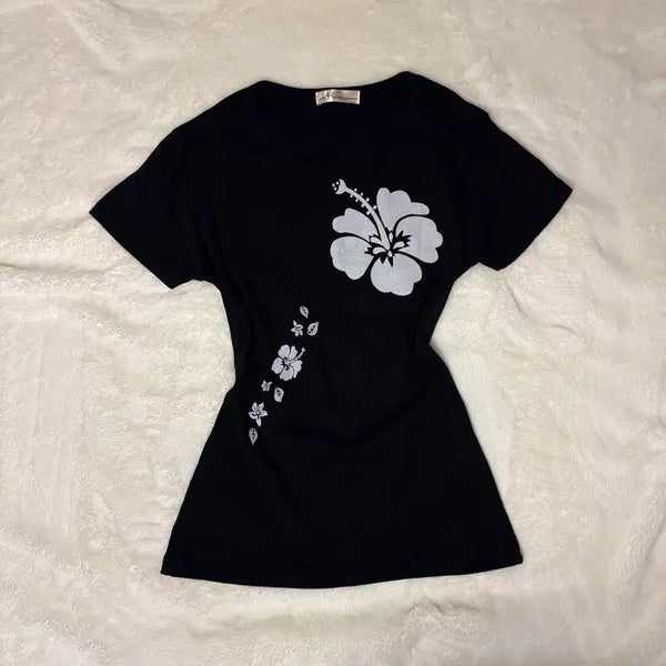 [BUNJANG] Hibiscus Plumeria Alborosa P Slim Fit Short Sleeve T-Shirt / 히비스커스 플루메리아 알바로사p 슬림핏 프린팅 반팔티 모리걸 y2k