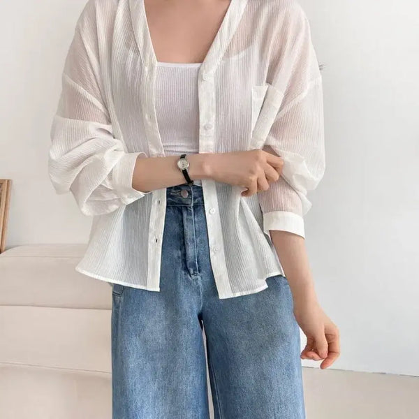[BUNJANG] Sheer Blouse White / 새상품) 시스루 셔츠 화이트