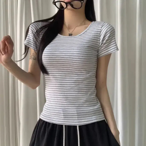 [BUNJANG] Avery Striped T-Shirt Gray / 에이블리 단가라 그레이 티