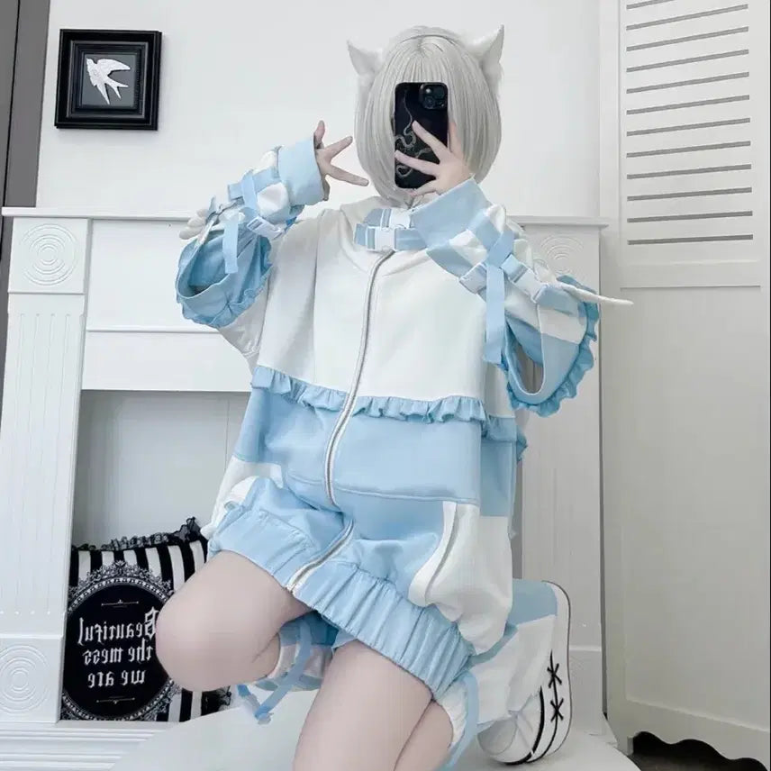 [BUNJANG] Subculture Layered Jersey + Shorts + Leg Warmers Set / 양산형 서브컬처 수색 레이어드 져지+반바지+레그워머 세트