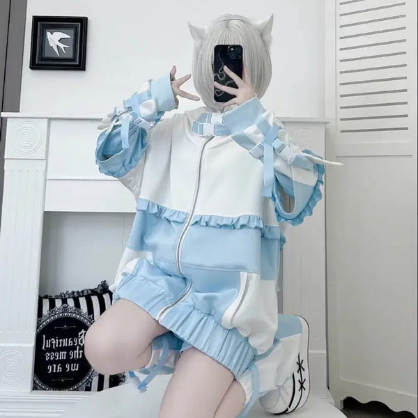 [BUNJANG] Subculture Layered Jersey + Shorts + Leg Warmers Set / 양산형 서브컬처 수색 레이어드 져지+반바지+레그워머 세트