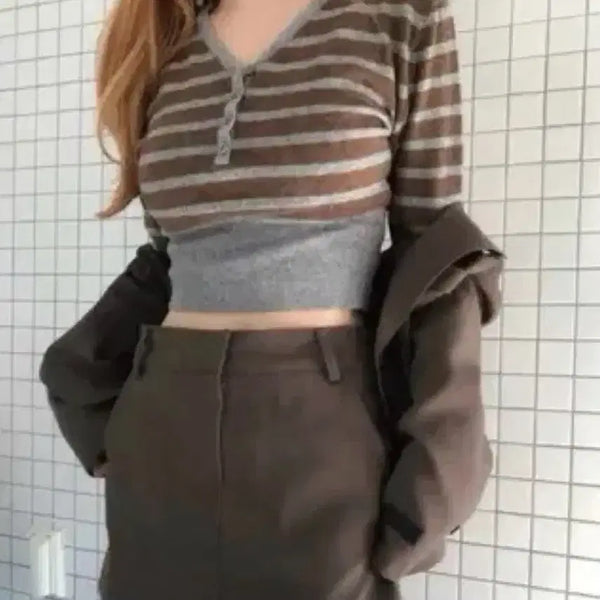 [BUNJANG] As'on Stripe Button Knit Brown / [상태최상] 애즈온 as"on 스트라이프 버튼 니트 브라운