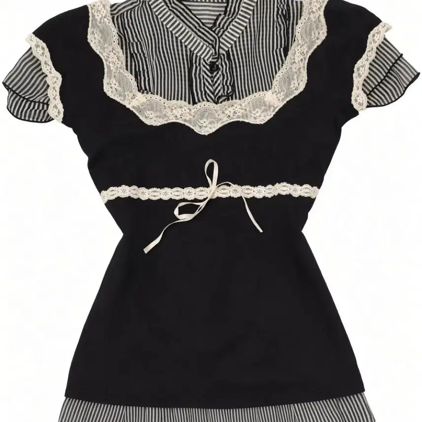 [BUNJANG] Black Stripe Lace Blouse Set / 블랙 스트라이프 레이스 블라우스 세트