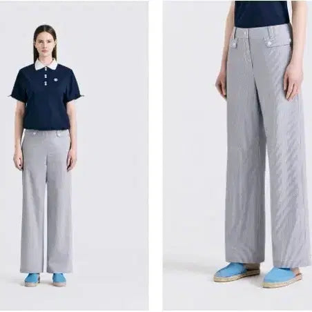 [BUNJANG] Women's Striped Wide Leg Golf Pants / 여성골프복스트라이프 와이드 팬츠