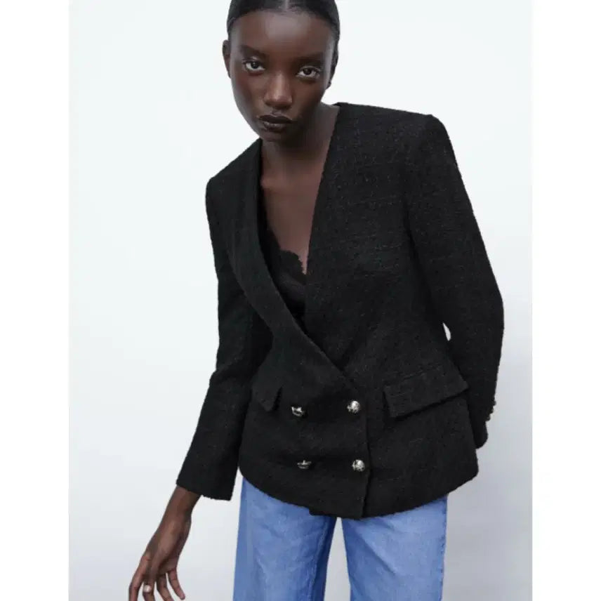 [BUNJANG] ZARA Tweed Double-Button Jacket Black S / ZARA 자라 트위드 더블 버튼 자켓 블랙 S