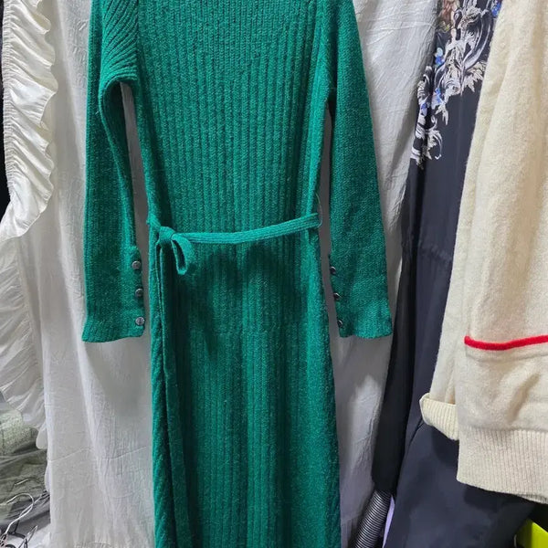 [BUNJANG] Objet Knit Dress Green with Belt / 오브제 니트 원피스 그린 벨트 포함