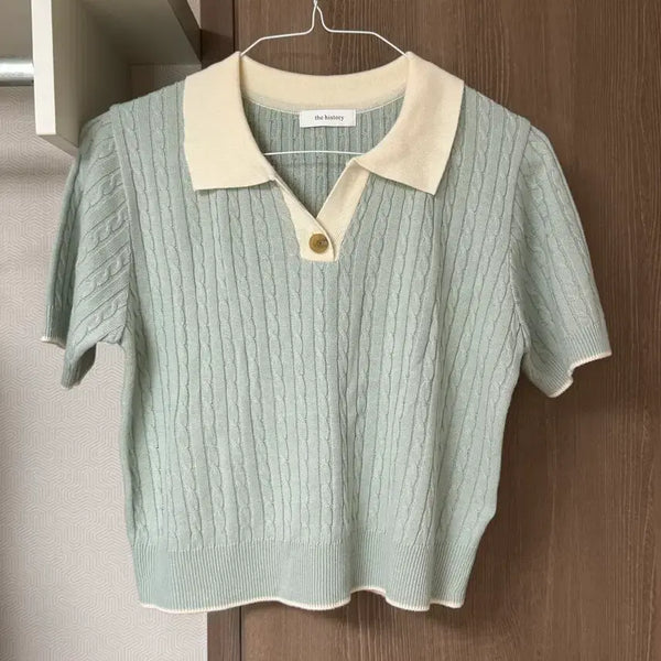 [BUNJANG] Short Sleeve Cable Knit Polo T-Shirt (Mint/White) / (미사용!) 반팔 케이블 니트 카라티 민트 화이트 반팔니트
