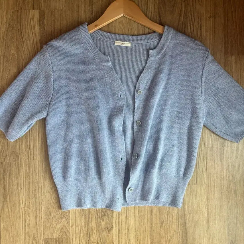 [BUNJANG] Ribbed Linen Short Sleeve Knit Cardigan - Sky Blue / 골지 린넨 반팔 니트 가디건 소라색