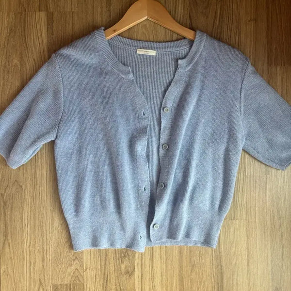 [BUNJANG] Ribbed Linen Short Sleeve Knit Cardigan - Sky Blue / 골지 린넨 반팔 니트 가디건 소라색