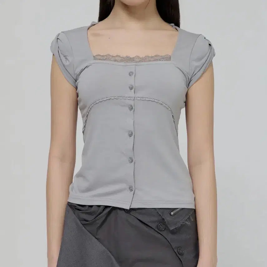 [BUNJANG] Flare Up Lace Sleeve Top Gray / 플레어업 레이스 슬리브 탑 그레이