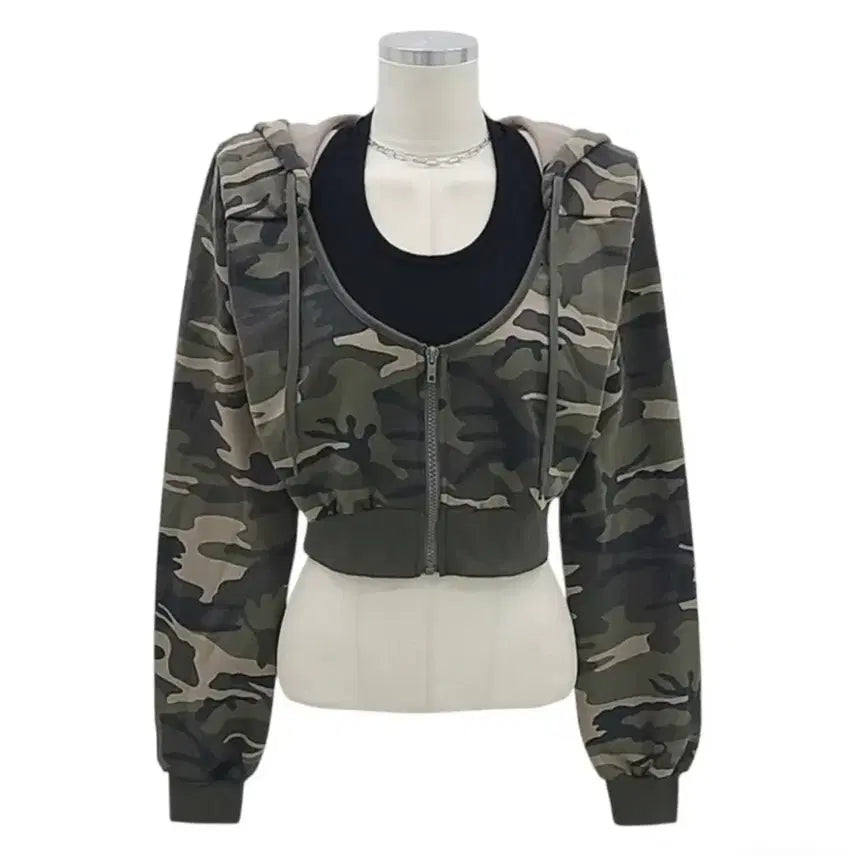 [BUNJANG] Y2K Camouflage Cropped Hoodie Zip-Up / y2k 카모플라쥬 크롭 후드집업