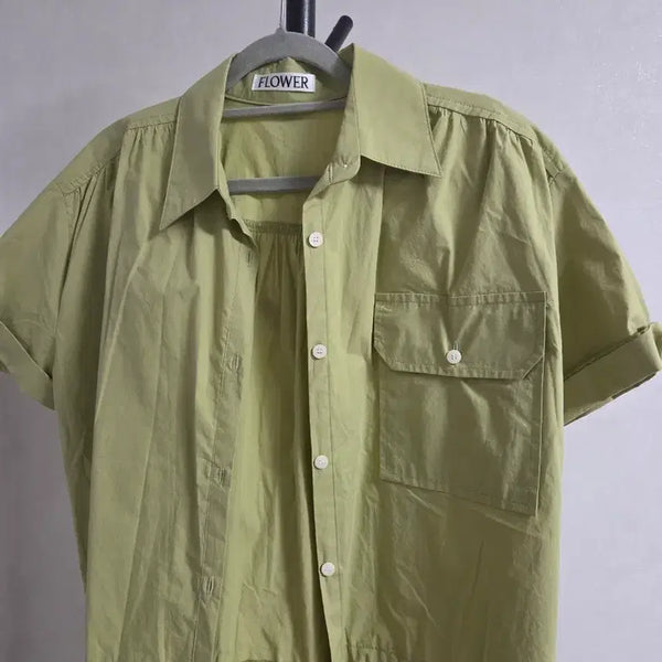 [BUNJANG] Floral Short Sleeve Shirt Green / 플라워 반팔 셔츠 연두색