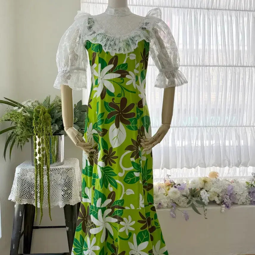 [BUNJANG] Lime Lace Hawaiian Vintage Dress / 미국 빈티지 라임 레이스 하와이안 원피스