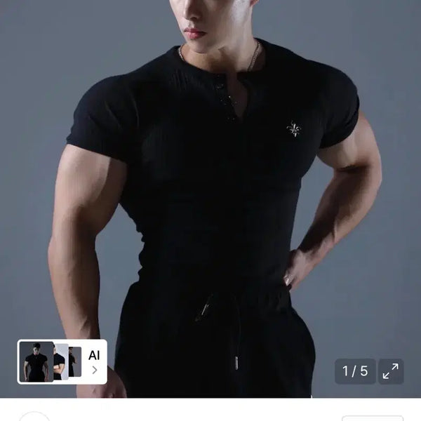 [BUNJANG] Camid Henry Neck Muscle Fit Ribbed Knit Short Sleeve T-Shirt / 카미드 헨리넥 머슬핏 골지 니트 반팔 티셔츠