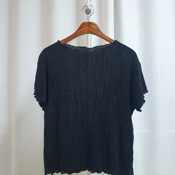 [BUNJANG] Black Pleated Frill Short Sleeve T-Shirt / 블랙 플리츠 프릴 반팔티