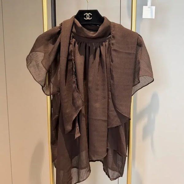 [BUNJANG] Scarf Tie Blouse - Brown / 스카프 타이 블라우스 브라운