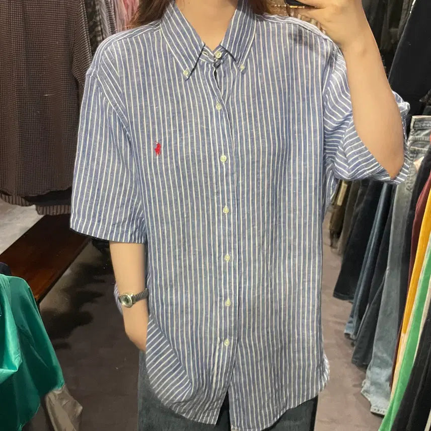 [BUNJANG] Polo Ralph Lauren Striped Short Sleeve Shirt Blue / [IM] 폴로 스트라이프 반팔 셔츠 블루