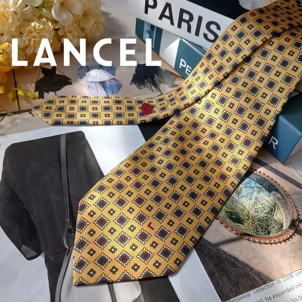 [BUNJANG] Lancel Yellow Classic Geometric Pattern Silk Necktie (9.5cm) / 란셀 옐로우 클래식 기하 패턴 로고 넥타이 9.5cm A+등급 E1760