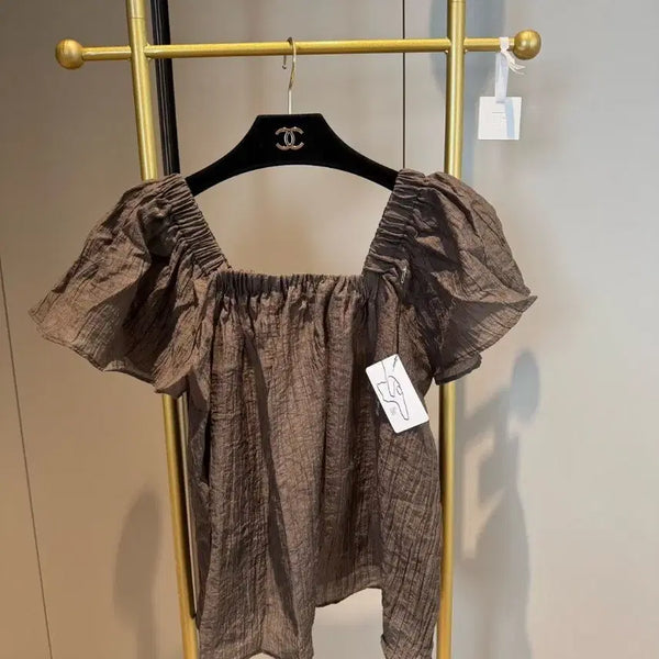 [BUNJANG] Puff Sleeve Square Neck Blouse / 스모크 반팔 블라우스
