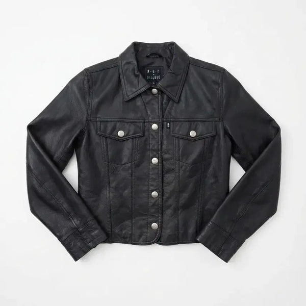 [BUNJANG] P.U.F by VILLAGE Black Leather Jacket / P.U.F by VILLAGE 여성 블랙 가죽 자켓