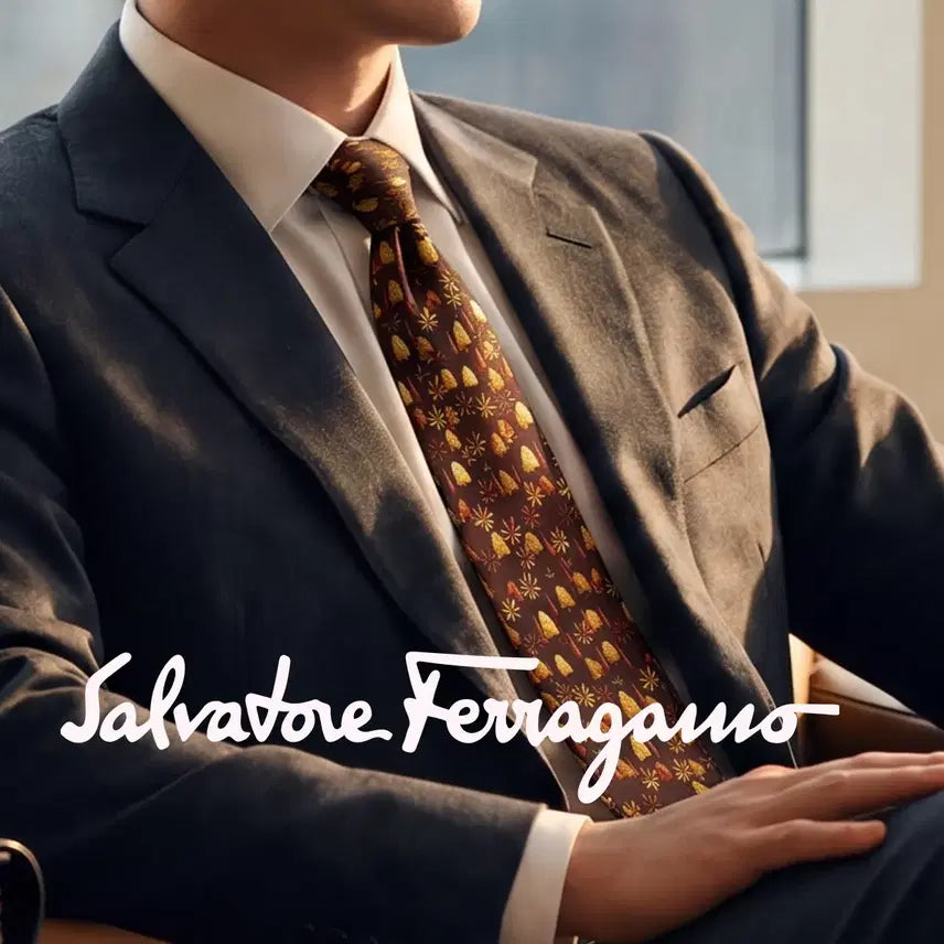 [BUNJANG] Salvatore Ferragamo Silk Autumn Tree Motif Necktie 9.5cm / 페라가모 실크 브라운 명품넥타이 9.5cm S~A+등급 K3288