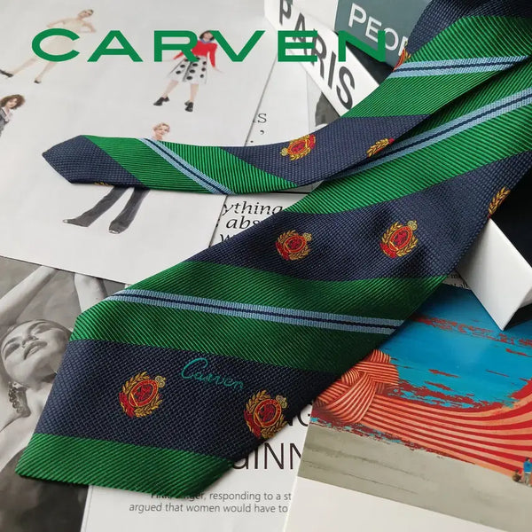 [BUNJANG] Carven Green & Navy Stripe Emblem Embroidered Silk Necktie 9cm / 까르뱅 그린 네이비 스트라이프 엠블럼 자수 넥타이 9cm A+등급 E1695