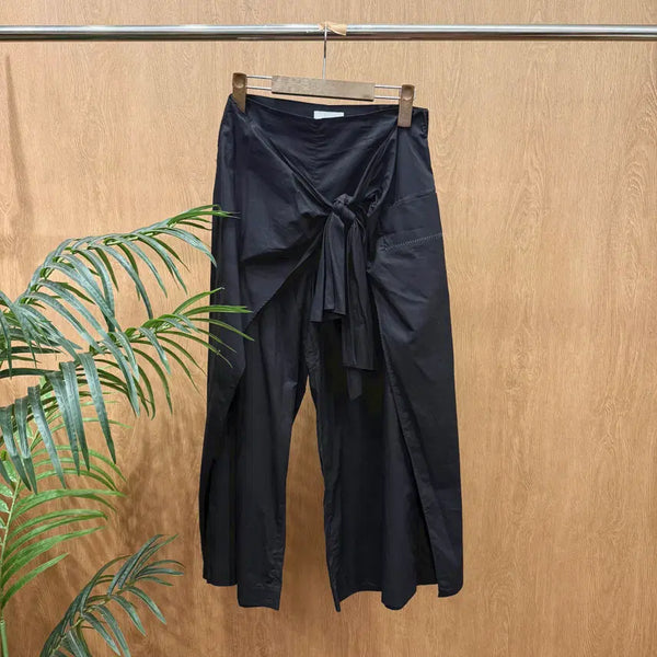 [BUNJANG] Bim By Lola Wide Cotton Pants Front Tie Wrap Stitch Pocket Detail Black / 빔바이롤라 와이드 코튼 팬츠 프론트 타이 랩 스티치 포켓 디테일 블랙
