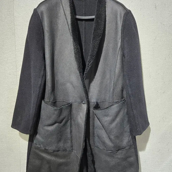 [BUNJANG] Black Wool Sheepskin Suede Combination Sherpa Coat / 양모 양가죽 블랙 스웨이드 배색 덤블 코트