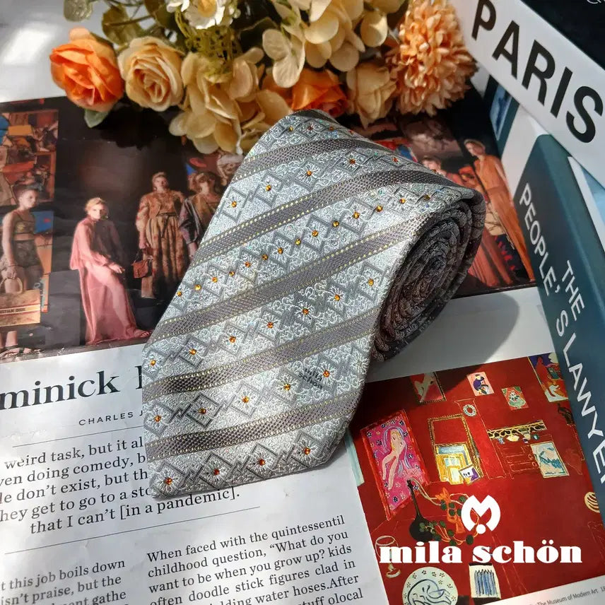 [BUNJANG] Mila Schon Silk Blend Geometric Jacquard Stripe Tie / 밀라숀 그레이 기하 자카드 스트라이프 넥타이 8.6cm A+등급 E1716