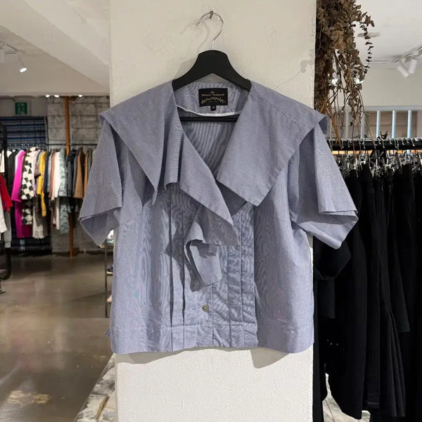 [BUNJANG] Vivienne Westwood Blue Frill Collar Half Blouse / 비비안 웨스트우드 블루 프릴 카라 하프 블라우스