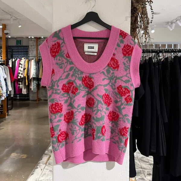 [BUNJANG] Ink Pink Floral Oversized Knit Vest / 잉크 핑크 플로럴 오버핏 니트 베스트