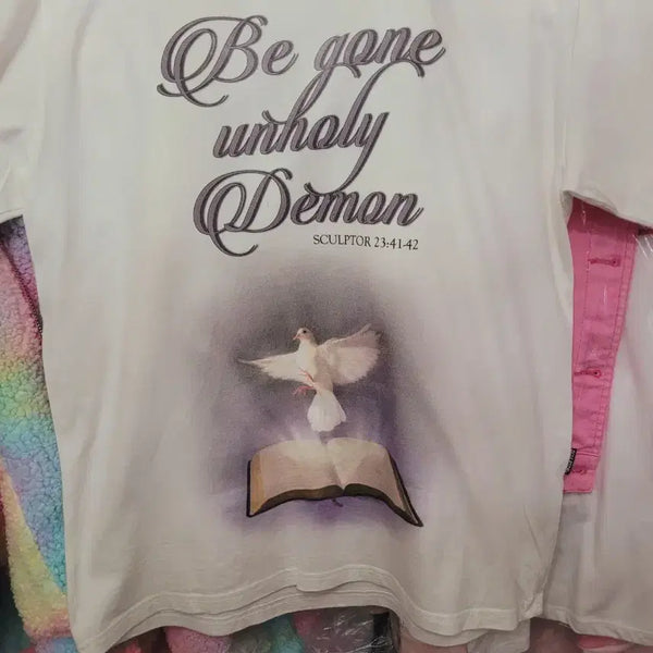 [BUNJANG] White Short Sleeve T-Shirt with Dove and Bible Verse Print / 흰색 반팔티  비둘기 프린팅