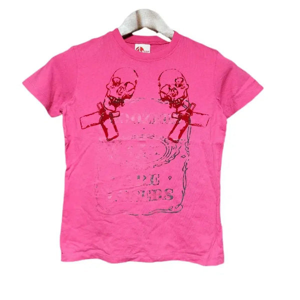 [BUNJANG] 4STEP Y2K Gothic Skull Print Pink T-Shirt / 4STEP Y2K Gothic Graphic Skull Print T