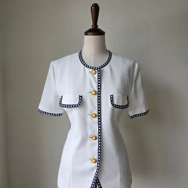 [BUNJANG] White Navy Lace Taping Gold Button Short Sleeve Jacket / 화이트 네이비 레이스 테이핑 금장 반팔 자켓