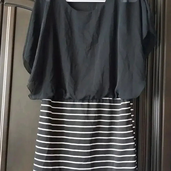 [BUNJANG] Black Stripe Off-Shoulder Mini Dress / 블랙 스트라이프 원피스