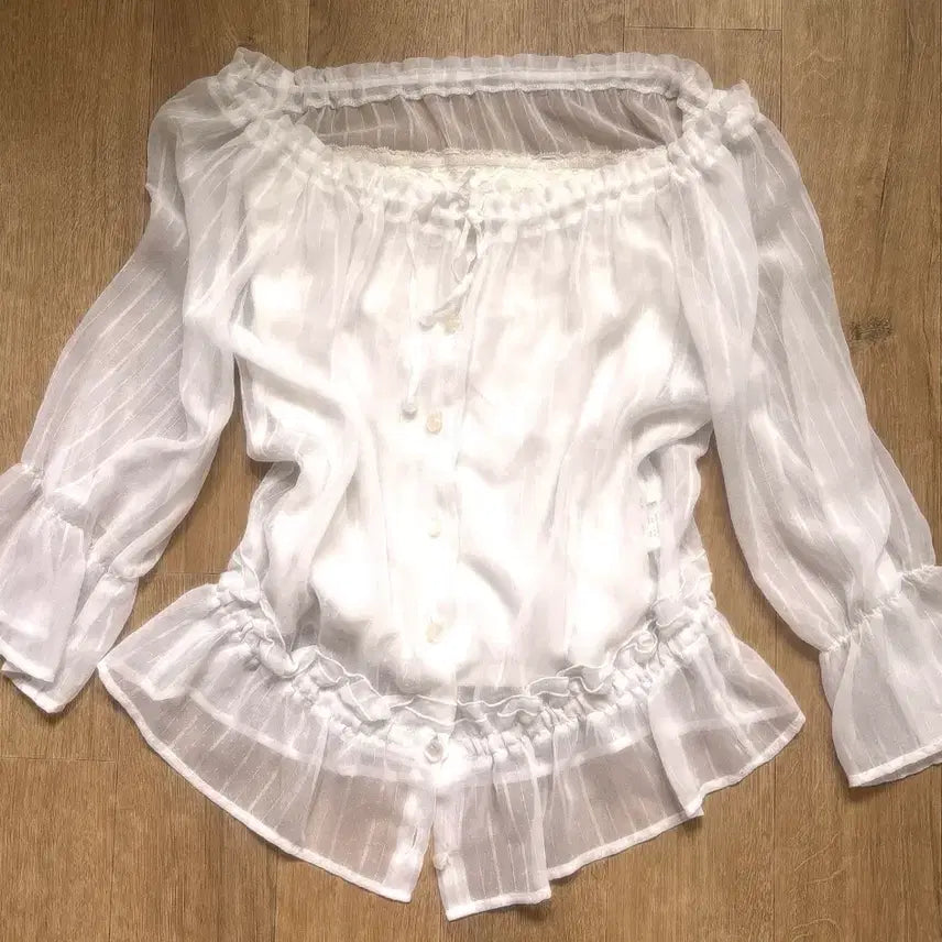 [BUNJANG] Dot See-through Off-shoulder Blouse / 잔도트 시스루 오프숄더 블라우스