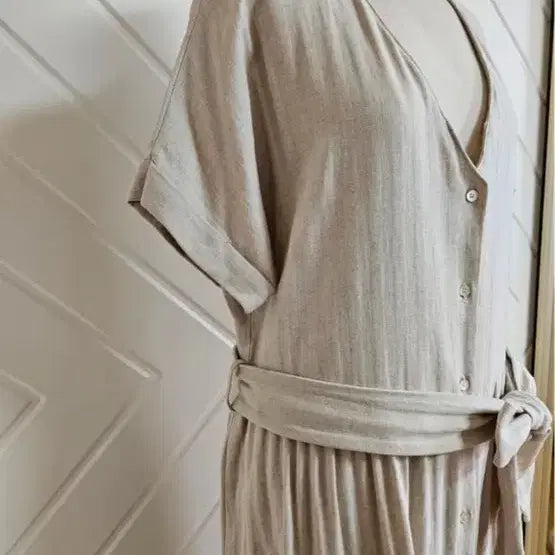 [BUNJANG] Linen Short-Sleeve Belted Shirt Dress / 린넨 롱 원피스