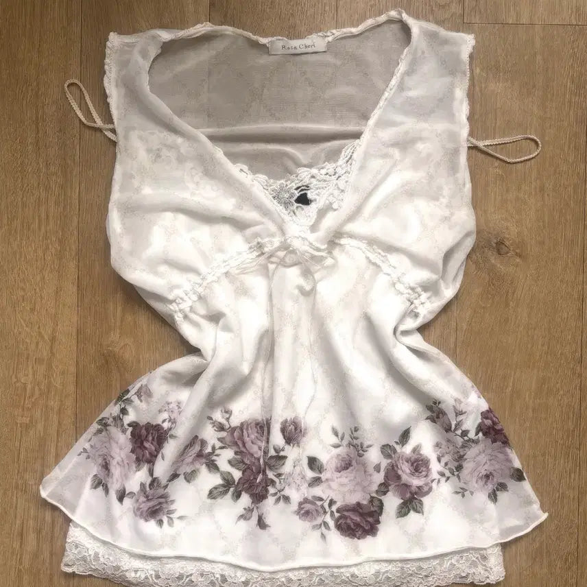 [BUNJANG] Rosa Cherry Flower Lace Ribbon Blouse / 로사체리 플라워 레이스 리본 블라우스