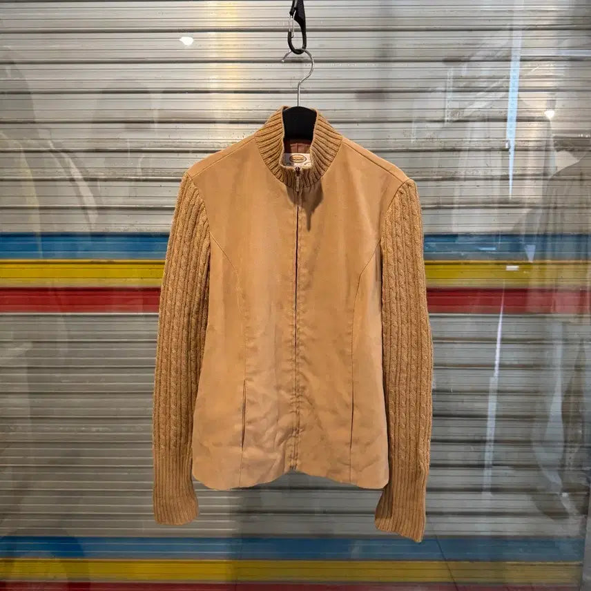 [BUNJANG] Suede Color-Block Knit Zip-Up Jacket Brown / 탈보트 스웨이드 배색 니트 집업 자켓 브라운
