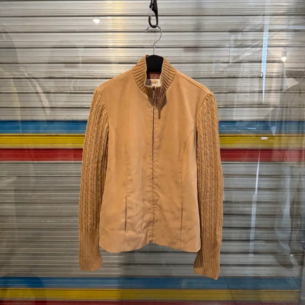 [BUNJANG] Suede Color-Block Knit Zip-Up Jacket Brown / 탈보트 스웨이드 배색 니트 집업 자켓 브라운