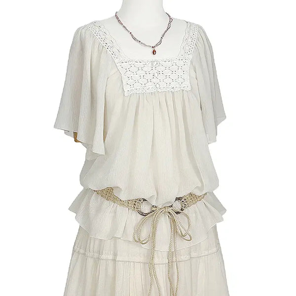 [BUNJANG] Vintage Shirring Chiffon Knit Neck Button Blouse T-Shirt / 일본빈티지 셔링쉬폰 뜨개넥콩단추 블라우스티셔츠 모리걸갸루y2k히피에스닉