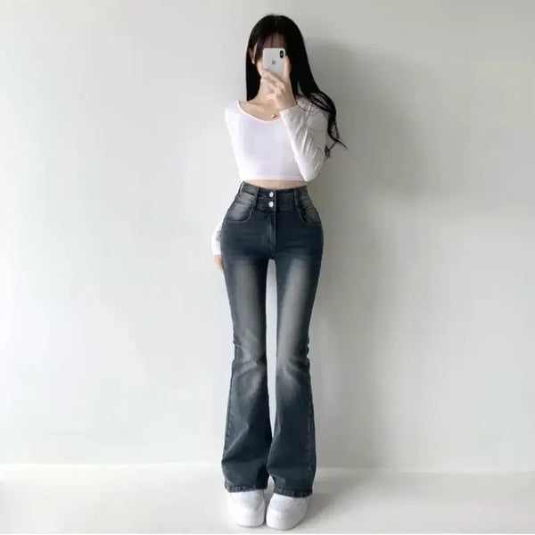[BUNJANG] Built-in Hip Padding Bootcut Jeans - Gray Medium Wash / 골반뽕 부츠컷 청바지 그레이시중청