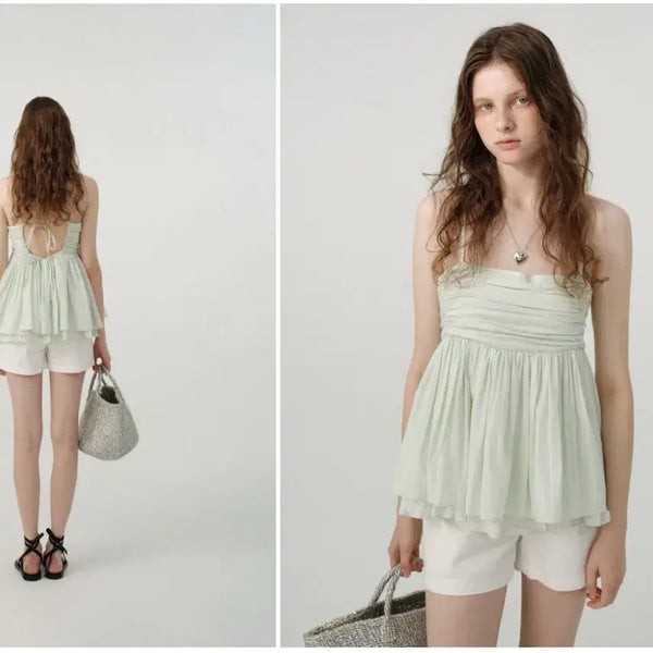 [BUNJANG] The Barnet Mint Shirring Peplum Sleeveless Blouse / 더바넷 민트색 셔링 민소매 탑블라우스 Crepe Peplum Sleeveless Top