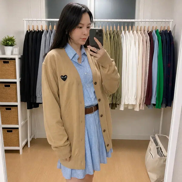 [BUNJANG] Comme des Garçons PLAY Black Heart Beige Cotton Cardigan (M) / 꼼데가르송 (COMME des GARcONS PLAY)PLAY 블랙하트 베이지 코튼 가디건 M / 일본제